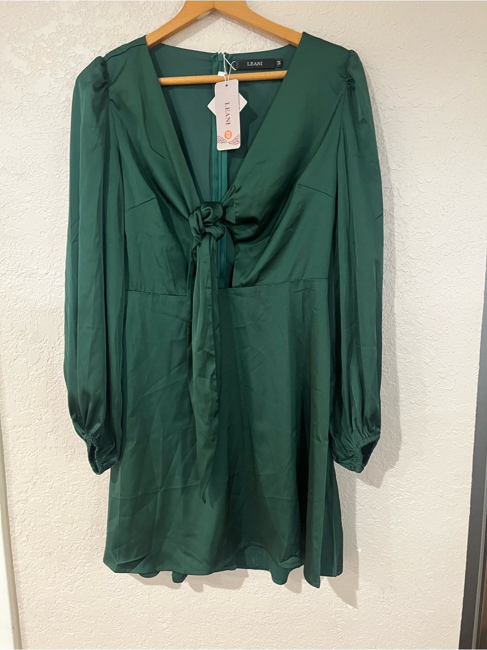 Leani Emerald Green Satin Tie-Front Long Sleeve Dress